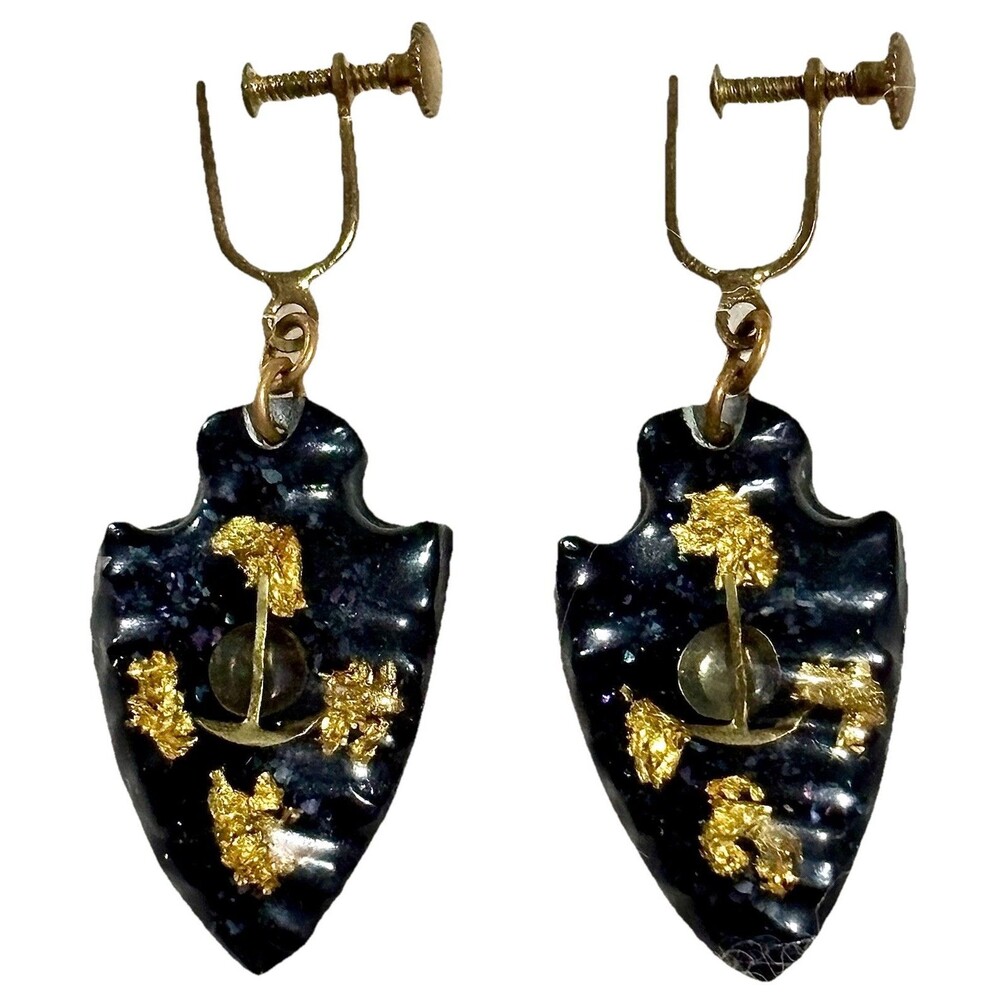 Vintage Confetti Lucite Earrings Black Gold Foil Night Sky Arrowhead Screw Back